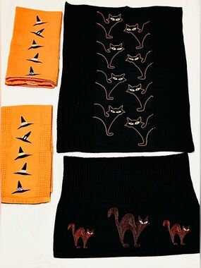 Crate & Barrel Halloween Embroidered Dishtowels - Set of 4 Black Cats Witch Hats